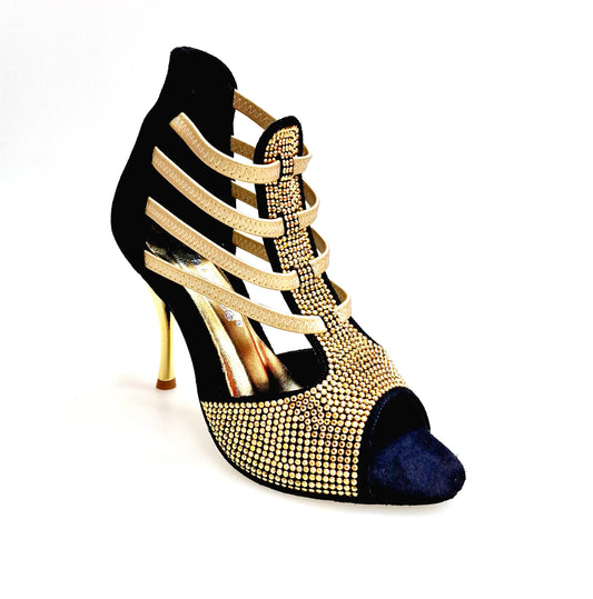 Sandalo donna Dora (460PW) in camoscio nero con elastici oro, dettagli in borchiette oro e tacco a spillo laminato oro.
