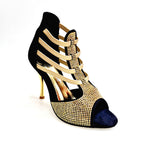 Load image into Gallery viewer, DORA (460PW)  Sandalo da Donna in Camoscio Nero Elastici Oro con Livrea in borchiette Oro e tacco a spillo laminato Oro
