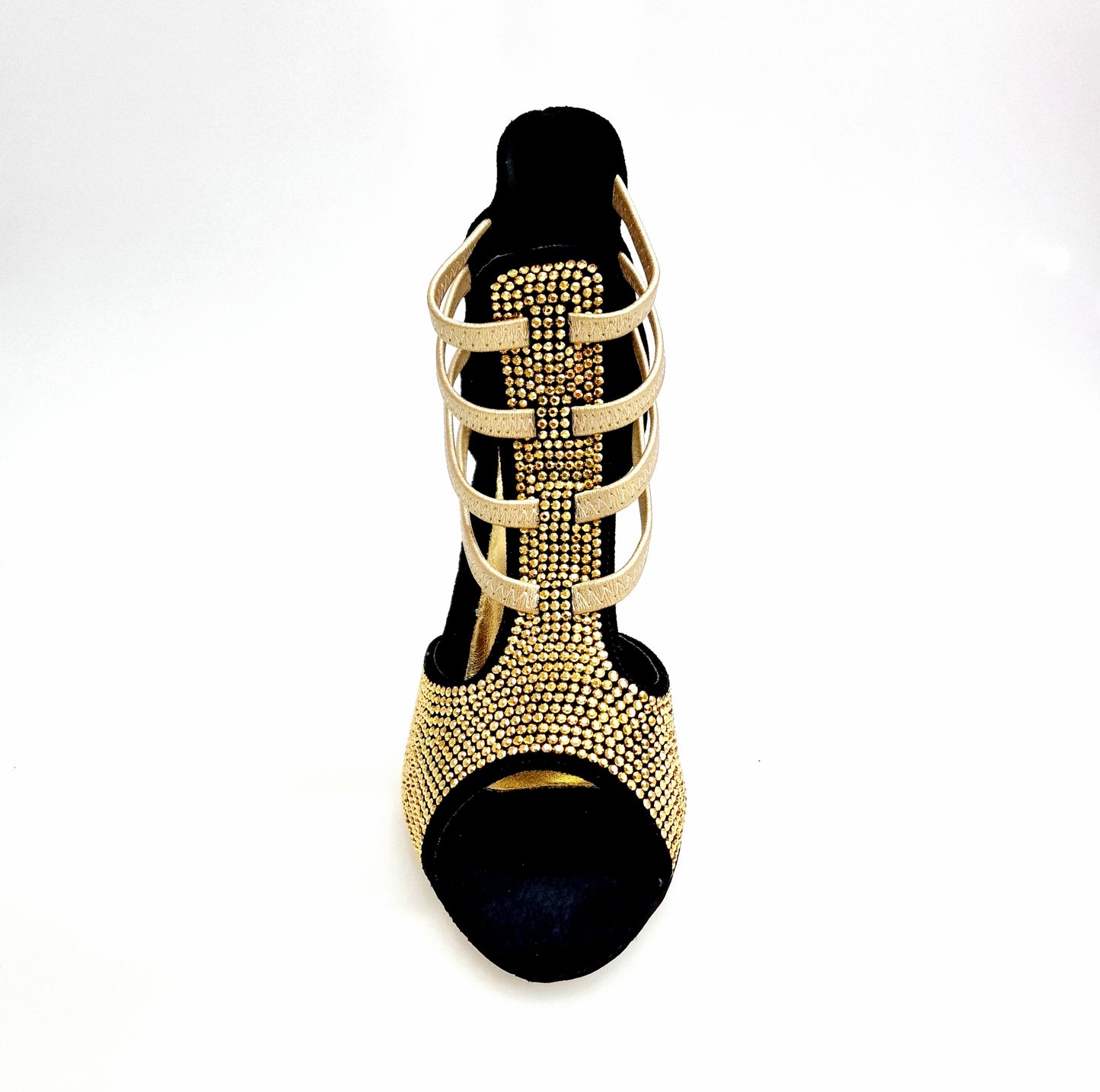 Sandalo donna Dora 460PW in camoscio nero con elastici oro, borchiette oro e tacco a spillo laminato oro.
