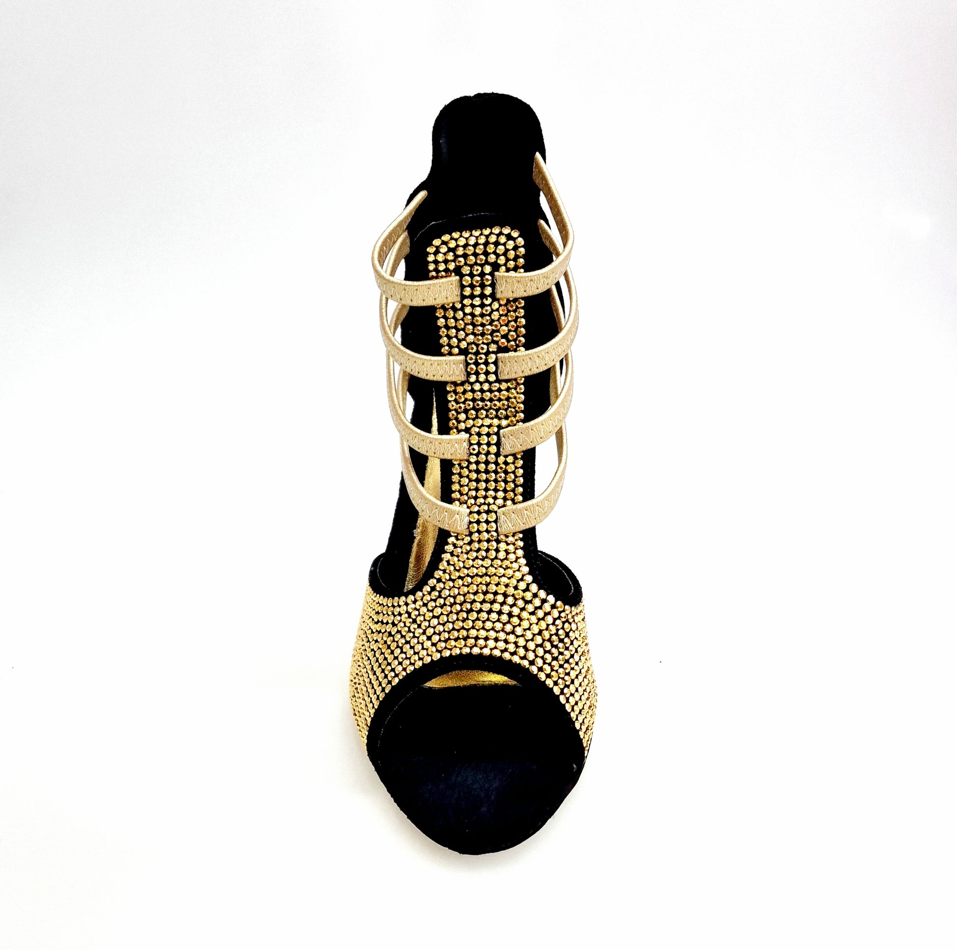 Sandalo donna Dora 460PW in camoscio nero con elastici oro, borchiette oro e tacco a spillo laminato oro.