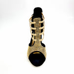 Load image into Gallery viewer, DORA (460PW)  Sandalo da Donna in Camoscio Nero Elastici Oro con Livrea in borchiette Oro e tacco a spillo laminato Oro
