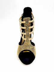 Carica immagine nella Galleria, DORA (460PW)  Sandalo da Donna in Camoscio Nero Elastici Oro con Livrea in borchiette Oro e tacco a spillo laminato Oro
