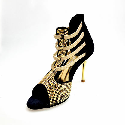 Sandalo donna DORA Wish Dance Shop in camoscio nero con elastici oro, borchiette oro e tacco a spillo laminato oro