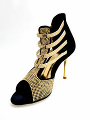 Carica immagine nella Galleria, DORA (460PW)  Sandalo da Donna in Camoscio Nero Elastici Oro con Livrea in borchiette Oro e tacco a spillo laminato Oro
