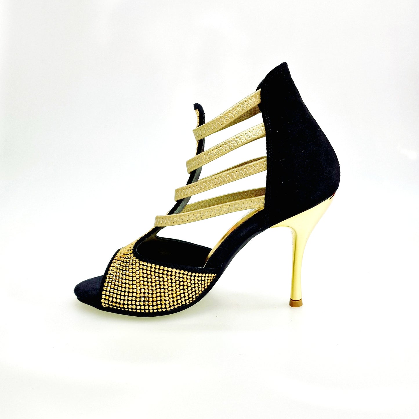 Sandalo donna Dora 460PW in camoscio nero con elastici oro, borchiette oro e tacco a spillo laminato oro, elegante e alla moda