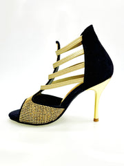 Carica immagine nella Galleria, DORA (460PW)  Sandalo da Donna in Camoscio Nero Elastici Oro con Livrea in borchiette Oro e tacco a spillo laminato Oro
