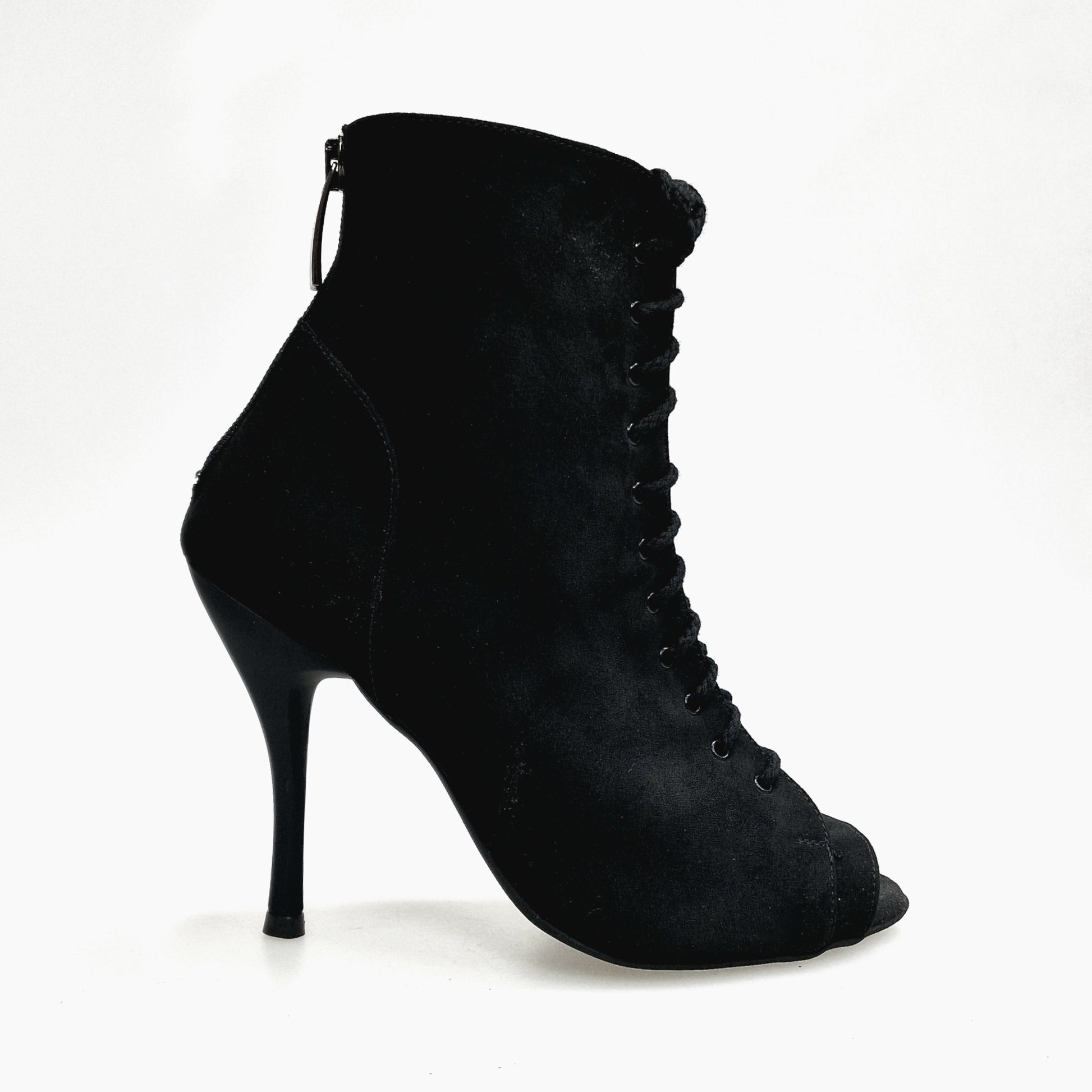 Stivaletto nero Alexis in camoscio con zip, tacco a spillo in alluminio verniciato effetto gommato, prodotto Wish Dance Shop.