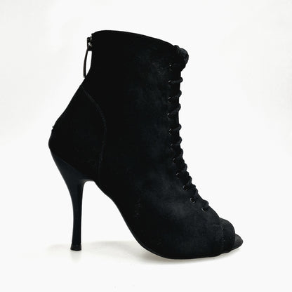 Stivaletto nero Alexis in camoscio con zip, tacco a spillo in alluminio verniciato effetto gommato, prodotto Wish Dance Shop.