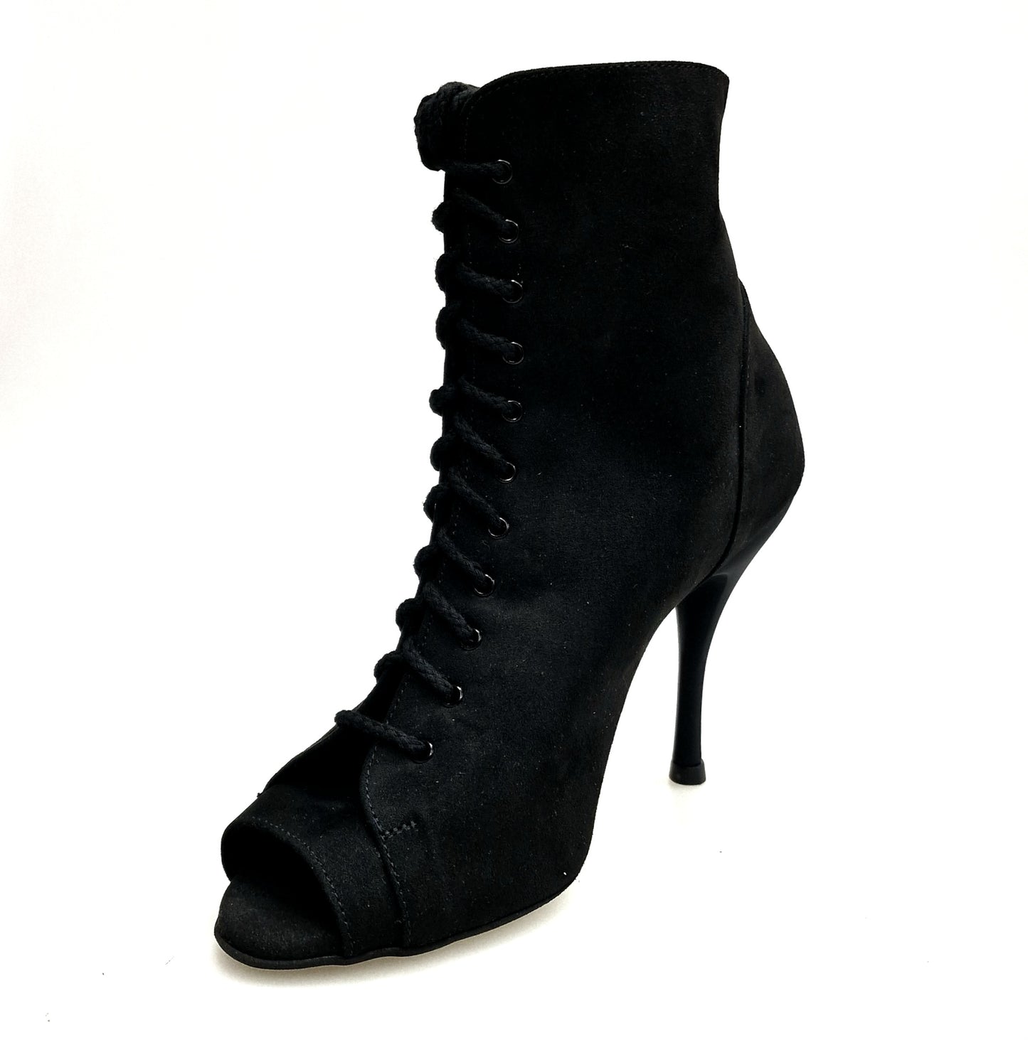 Stivaletti mezzo con zip in camoscio nero, tacco a spillo in alluminio verniciato nero, scarpe Wish Dance Shop.