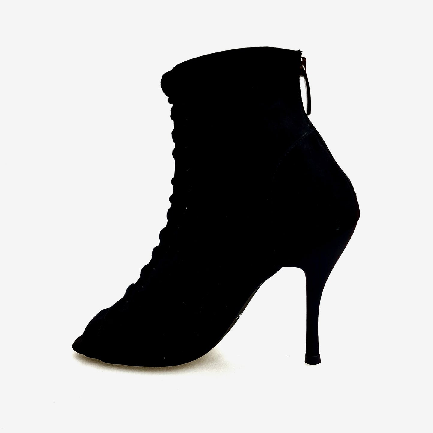 Stivaletto nero Alexis Black con zip, tacco a spillo in alluminio verniciato effetto gommato, in camoscio nero.