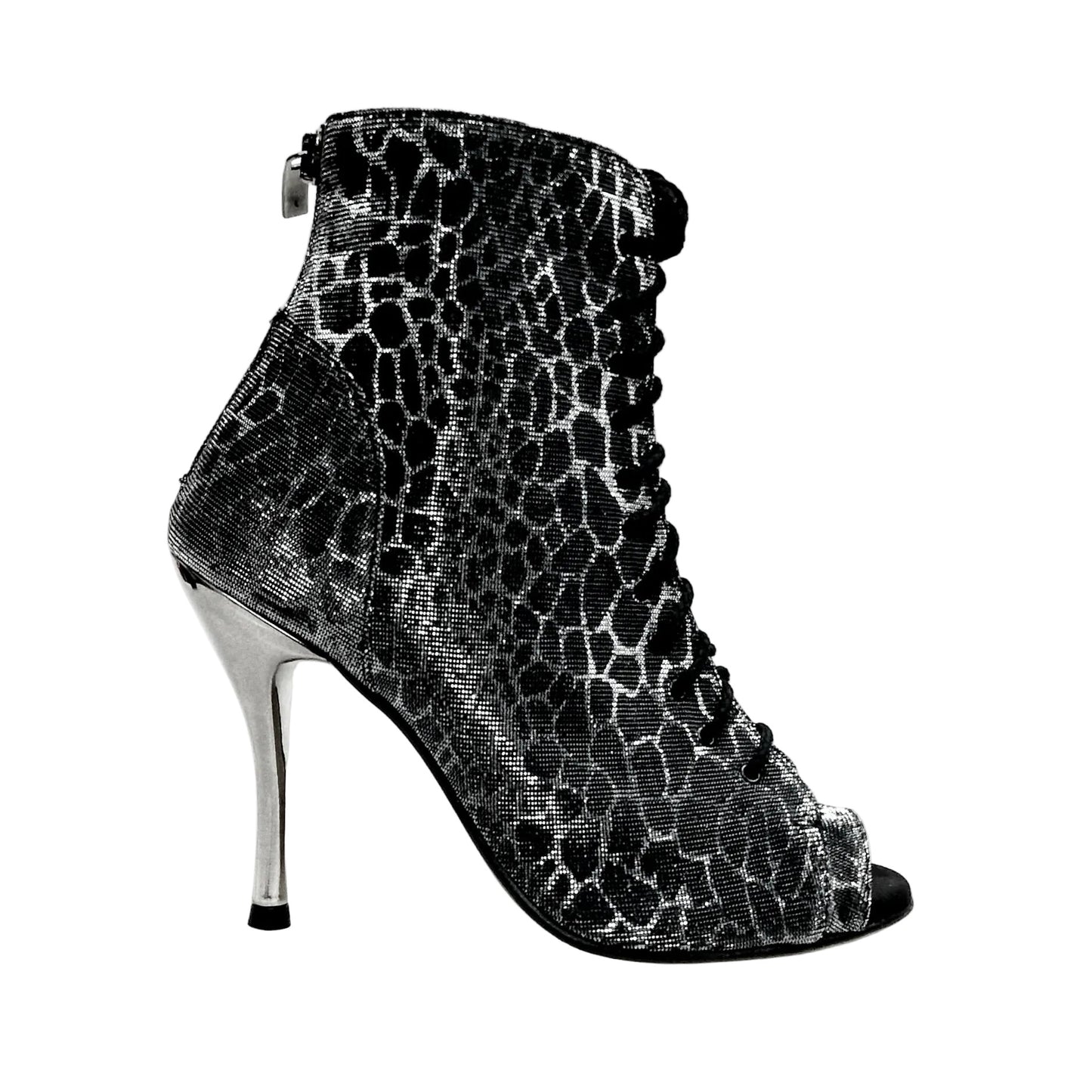 Stivaletto Wish Dance Shop Alexis Silver Black con zip, tacco a spillo in alluminio laminato grigio, dettaglio in canna di fucile