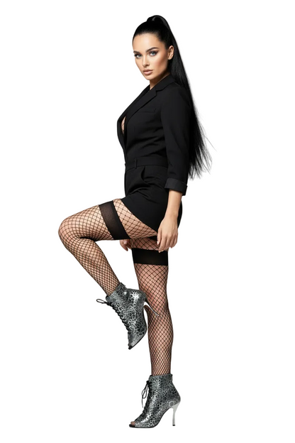 Stivaletto Wish Dance Shop Alexis Silver Black con zip, tacco a spillo in alluminio laminato grigio canna di fucile.