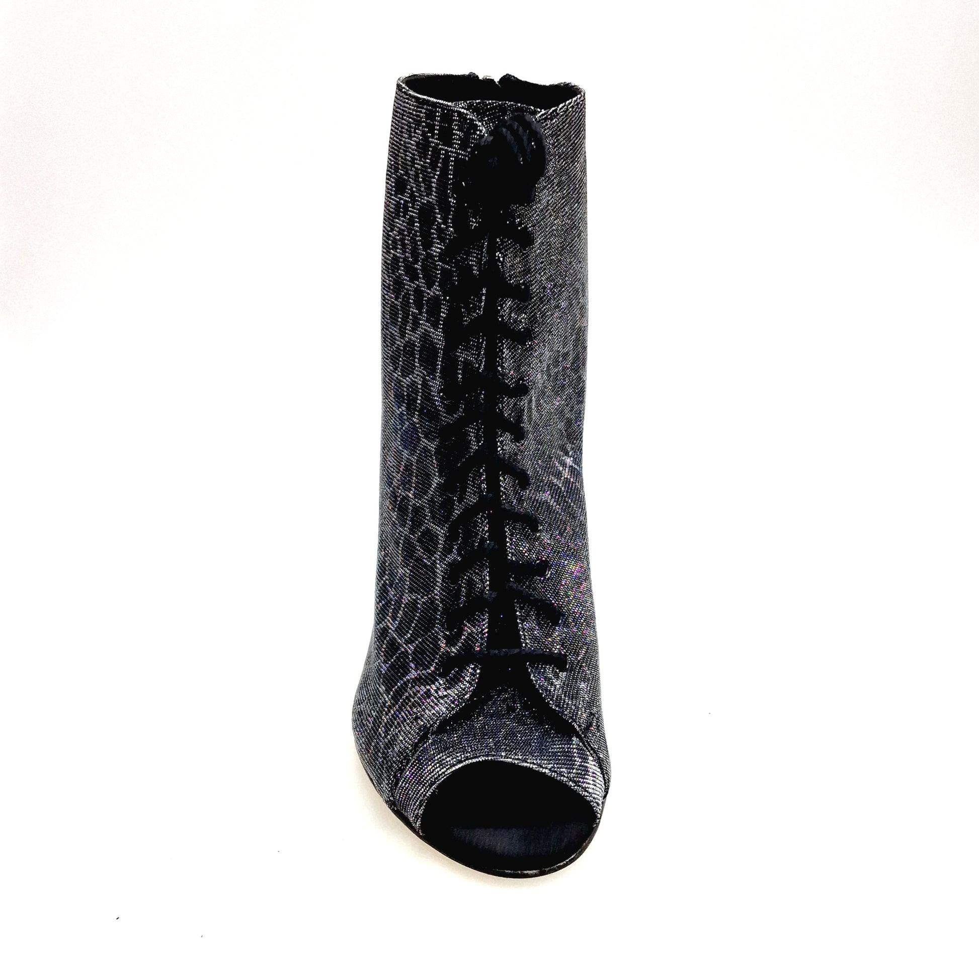 Stivaletto Wish Dance Shop Alexis Silver Black con zip, tacco a spillo in alluminio laminato grigio canna di fucile.