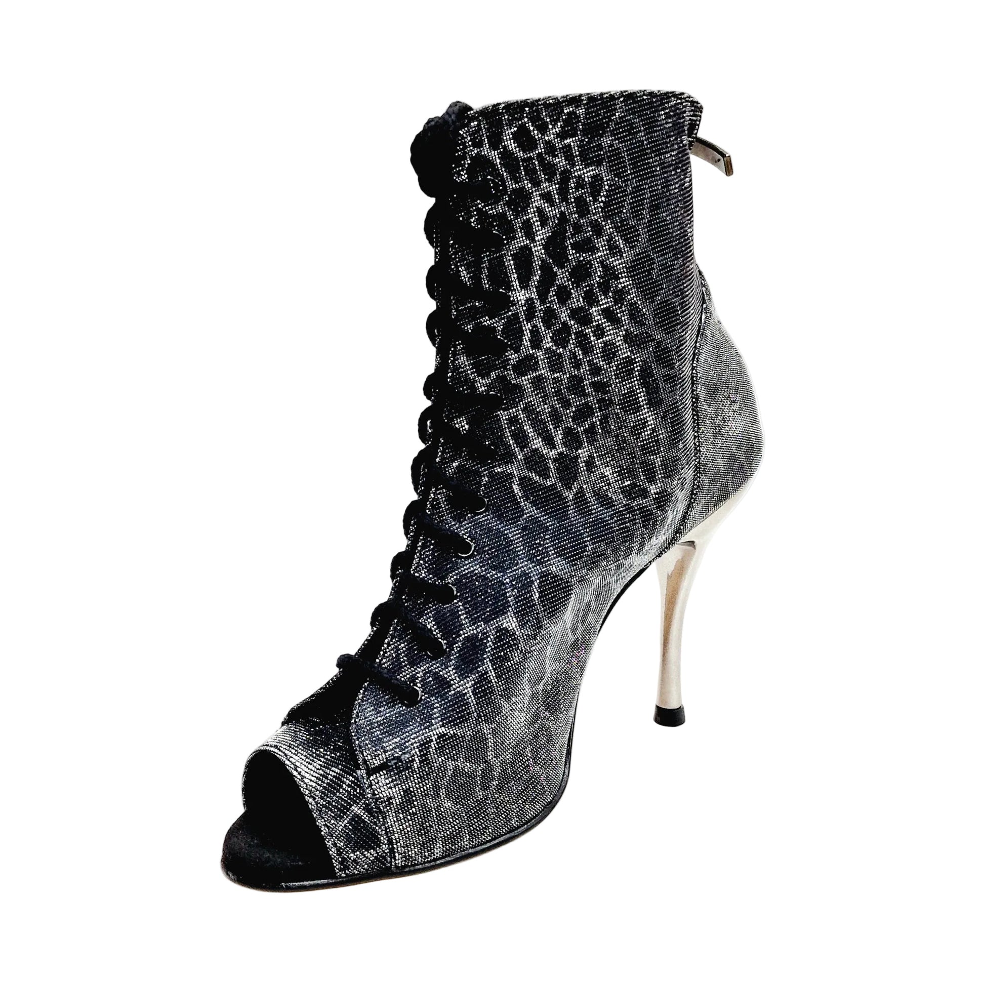 Stivaletto femminile Wish Dance Shop Alexis Silver Black con zip, tacco a spillo in alluminio laminato grigio canna di fucile