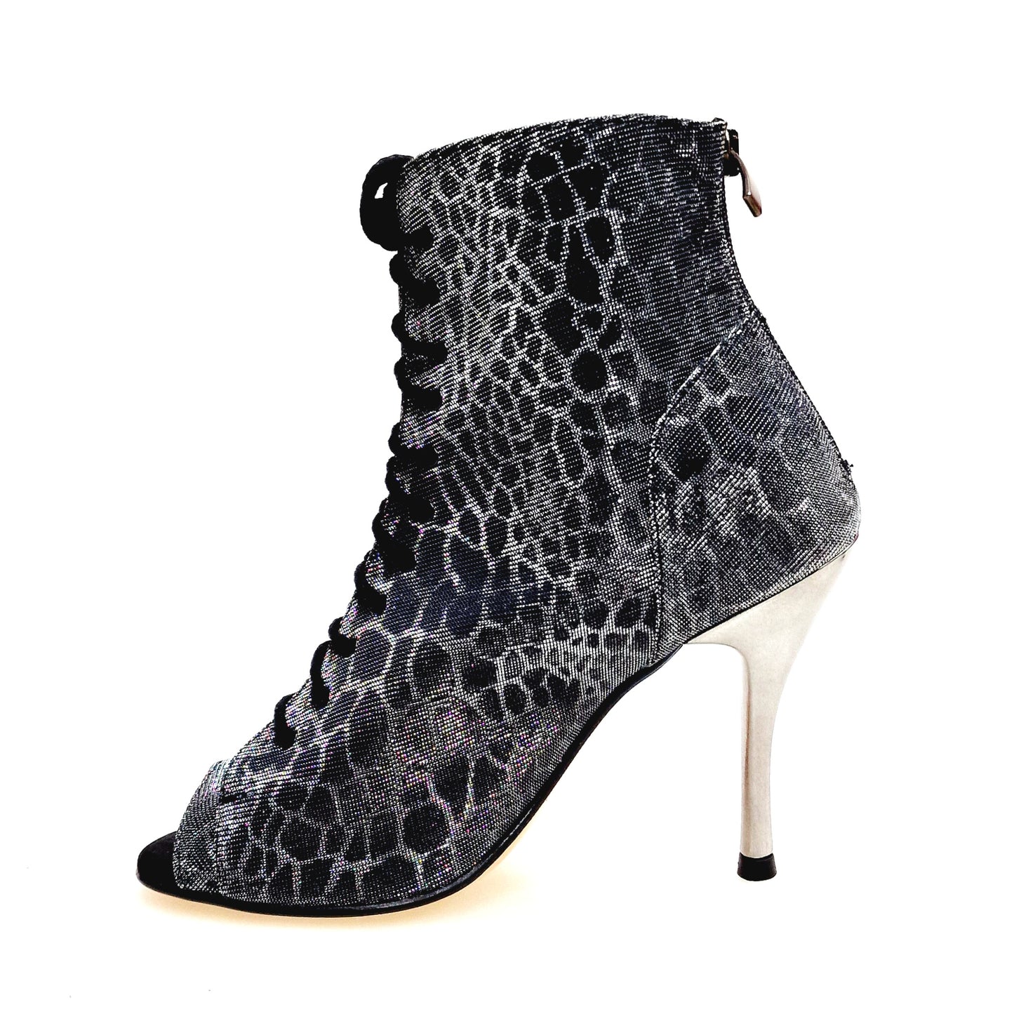 Stivaletto Wish Dance Shop Alexis Silver Black con zip, tacco a spillo in alluminio laminato grigio canna di fucile.