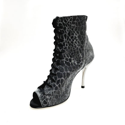 Stivaletto Wish Dance Shop Alexis Silver Black con zip, tacco a spillo in alluminio laminato grigio, canna di fucile.