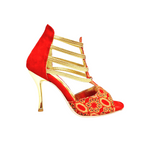 Load image into Gallery viewer, RED FOX (460PW) - Sandalo da Donna in Camoscio Rosso Elastici Oro con Tessuto Rosso inserti disegnati in Glitter Oro e tacco a spillo laminato Oro
