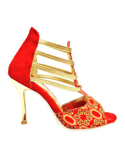 Carica immagine nella Galleria, RED FOX (460PW) - Sandalo da Donna in Camoscio Rosso Elastici Oro con Tessuto Rosso inserti disegnati in Glitter Oro e tacco a spillo laminato Oro
