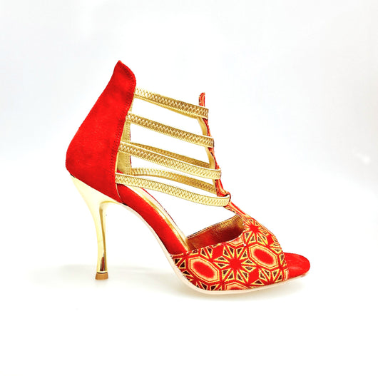 RED FOX (460PW) - Sandalo da Donna in Camoscio Rosso Elastici Oro con Tessuto Rosso inserti disegnati in Glitter Oro e tacco a spillo laminato Oro