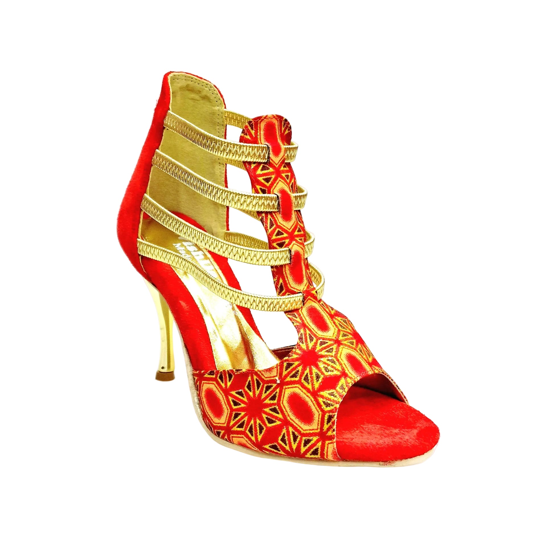 Sandalo donna RED FOX 460PW in camoscio rosso con elastici oro, inserti glitter oro e tacco a spillo laminato oro.