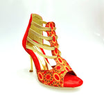 Load image into Gallery viewer, RED FOX (460PW) - Sandalo da Donna in Camoscio Rosso Elastici Oro con Tessuto Rosso inserti disegnati in Glitter Oro e tacco a spillo laminato Oro
