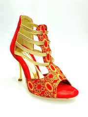 Carica immagine nella Galleria, RED FOX (460PW) - Sandalo da Donna in Camoscio Rosso Elastici Oro con Tessuto Rosso inserti disegnati in Glitter Oro e tacco a spillo laminato Oro
