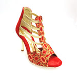 Load image into Gallery viewer, RED FOX (460PW) - Sandalo da Donna in Camoscio Rosso Elastici Oro con Tessuto Rosso inserti disegnati in Glitter Oro e tacco a spillo laminato Oro
