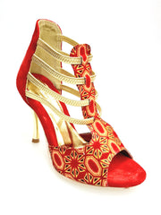 Carica immagine nella Galleria, RED FOX (460PW) - Sandalo da Donna in Camoscio Rosso Elastici Oro con Tessuto Rosso inserti disegnati in Glitter Oro e tacco a spillo laminato Oro
