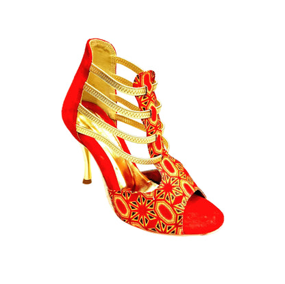 Sandalo da donna RED FOX 460PW in camoscio rosso con elastici dorati, inserti glitter oro e tacco a spillo laminato oro.