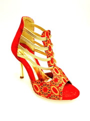 Carica immagine nella Galleria, RED FOX (460PW) - Sandalo da Donna in Camoscio Rosso Elastici Oro con Tessuto Rosso inserti disegnati in Glitter Oro e tacco a spillo laminato Oro
