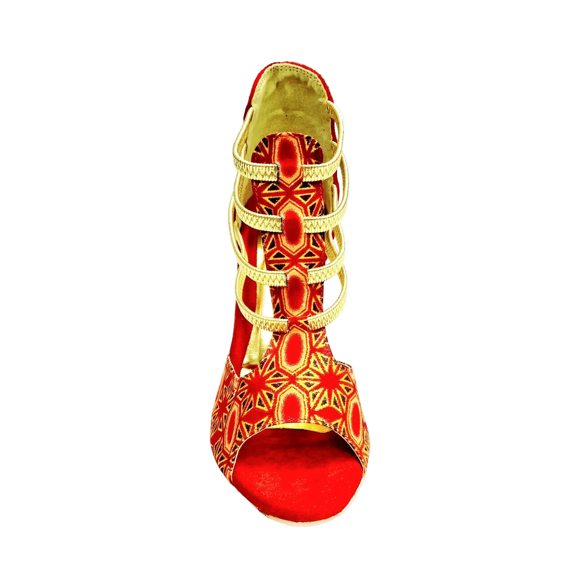 Sandalo donna RED FOX 460PW in camoscio rosso con elastici oro, inserti glitter oro e tacco a spillo laminato oro.