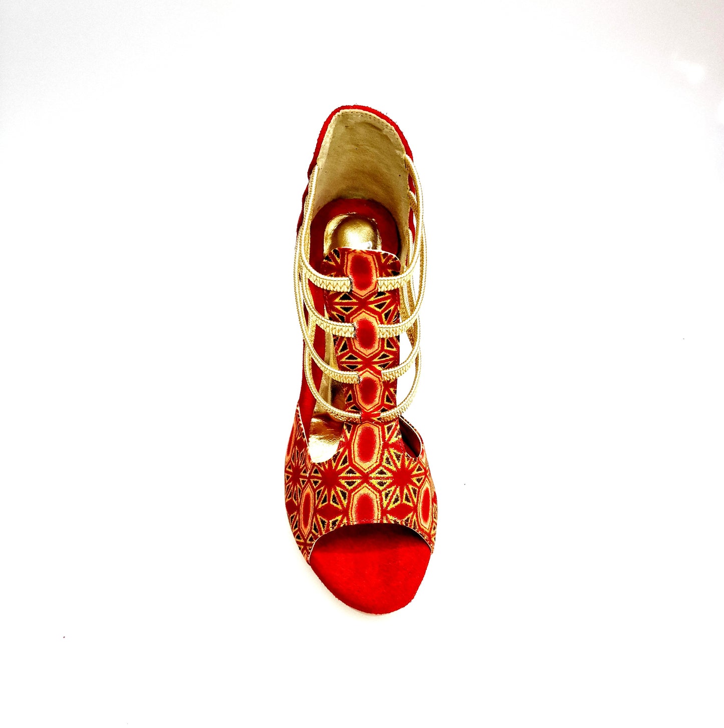 Sandalo donna RED FOX 460PW in camoscio rosso con elastici oro, inserti glitter oro e tacco a spillo laminato oro.