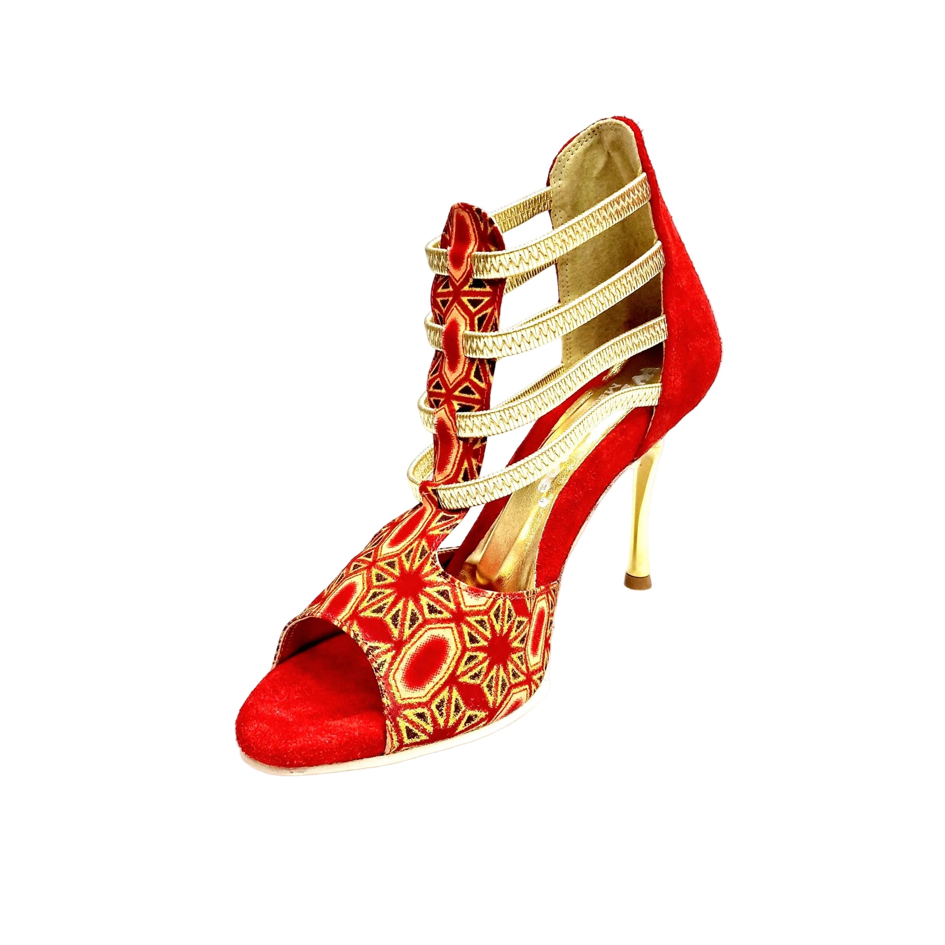 Sandalo donna RED FOX 460PW in camoscio rosso con elastici, inserti glitter oro e tacco a spillo laminato oro.