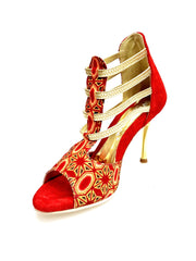 Carica immagine nella Galleria, RED FOX (460PW) - Sandalo da Donna in Camoscio Rosso Elastici Oro con Tessuto Rosso inserti disegnati in Glitter Oro e tacco a spillo laminato Oro
