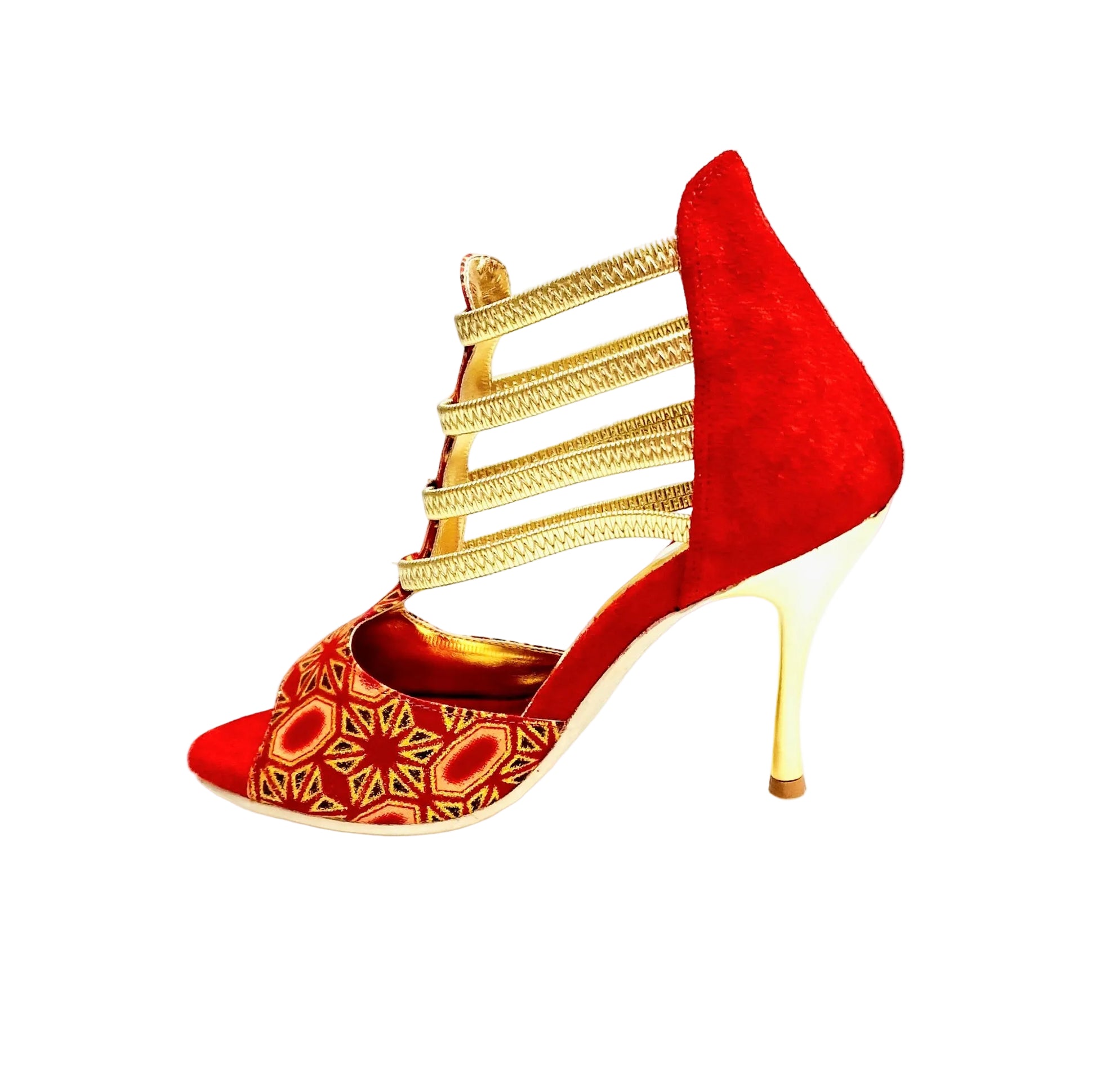 Sandalo da donna RED FOX 460PW di Wish Dance Shop in camoscio rosso con elastici oro, glitter, tessuto rosso e tacco a spillo laminato oro