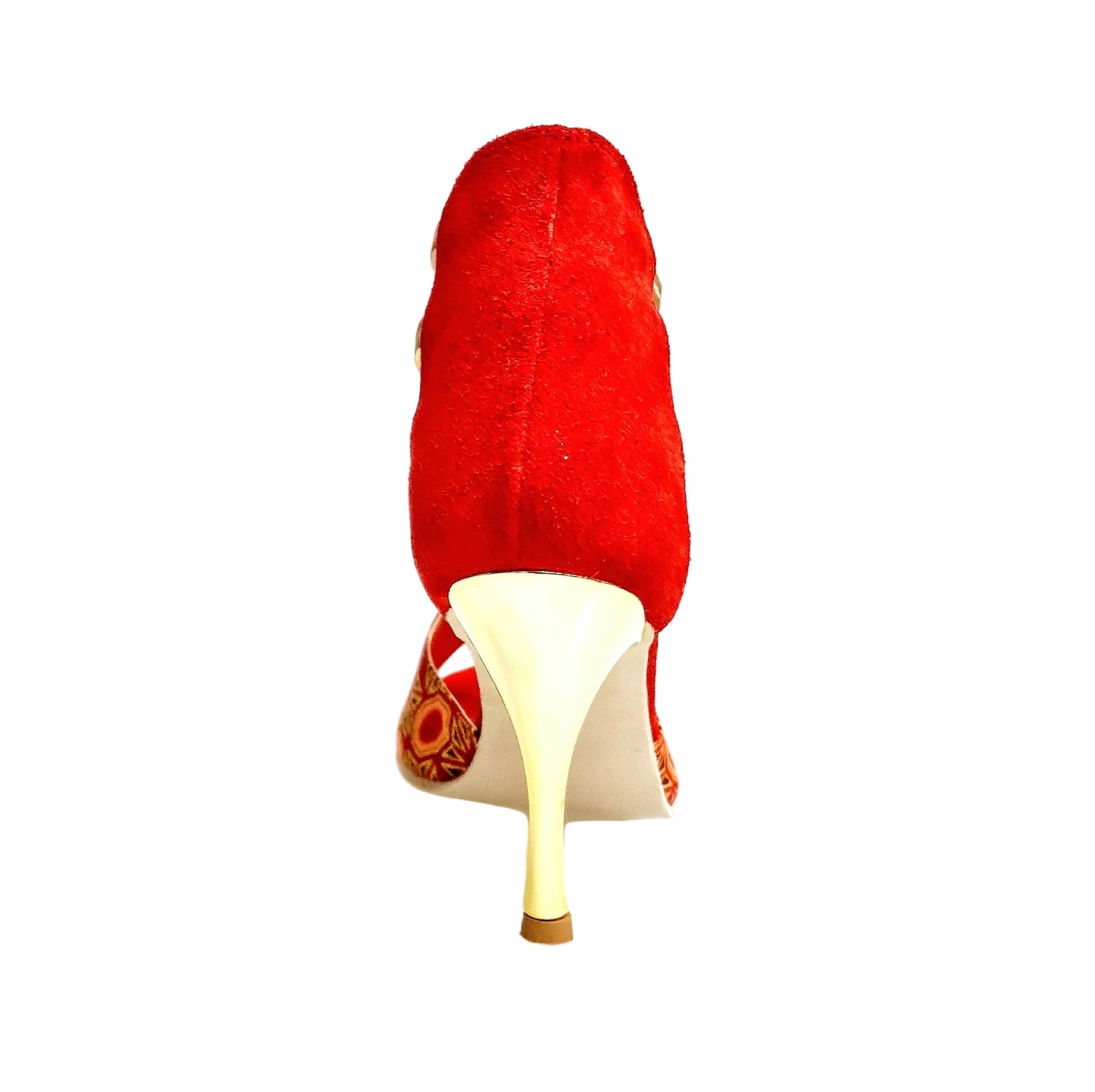 Sandalo donna RED FOX 460PW in camoscio rosso con elastici oro, dettagli glitter oro e tacco a spillo laminato dorato
