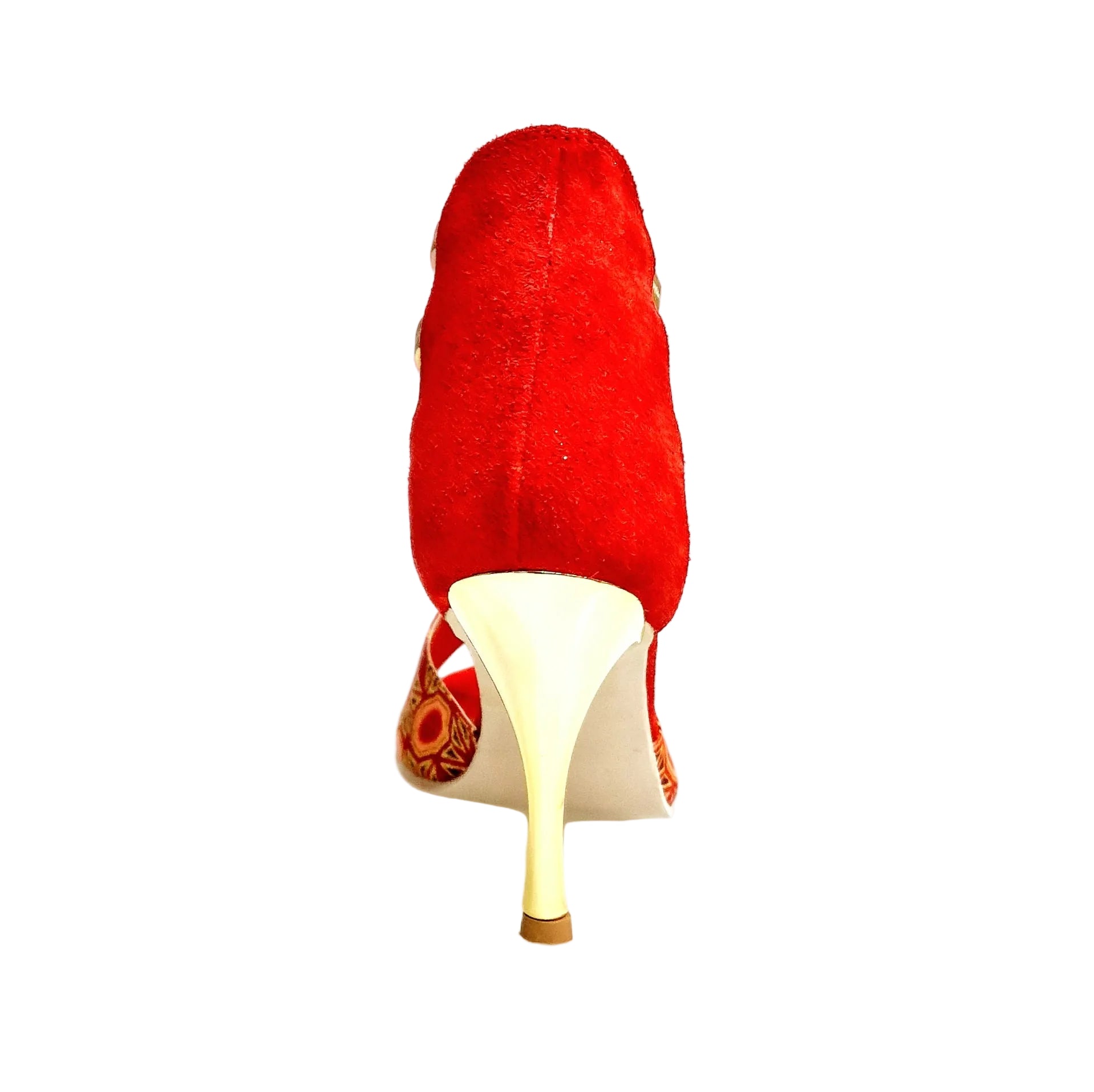 Sandalo donna RED FOX 460PW in camoscio rosso con elastici oro, dettagli glitter oro e tacco a spillo laminato dorato