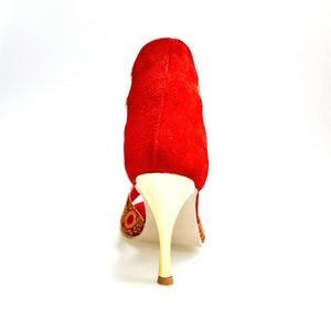 RED FOX (460PW) - Sandalo da Donna in Camoscio Rosso Elastici Oro con Tessuto Rosso inserti disegnati in Glitter Oro e tacco a spillo laminato Oro