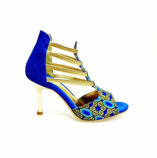 BLU LAGON (460PW) - Sandalo da Donna in Camoscio Blu Royal Elastici Oro con Tessuto Blu Royal inserti disegnati in Glitter Oro e tacco a Stiletto laminato Oro