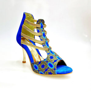 BLU LAGON (460PW) - Sandalo da Donna in Camoscio Blu Royal Elastici Oro con Tessuto Blu Royal inserti disegnati in Glitter Oro e tacco a spillo laminato Oro