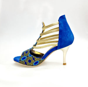 BLU LAGON (460PW) - Sandalo da Donna in Camoscio Blu Royal Elastici Oro con Tessuto Blu Royal inserti disegnati in Glitter Oro e tacco a Stiletto laminato Oro
