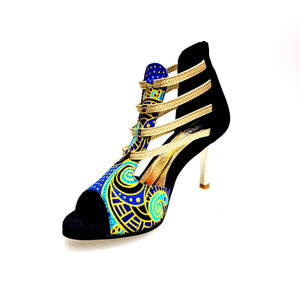 VERTIGE (460PW) - Sandalo da Donna in Camoscio Nero Elastici Oro con Tessuto Base Nera e Tessuto disegno colore Blu Royal e Azzurro con inserti disegnati in Glitter Oro e tacco a stiletto laminato Oro