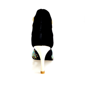 VERTIGE (460PW) - Sandalo da Donna in Camoscio Nero Elastici Oro con Tessuto Base Nera e Tessuto disegno colore Blu Royal e Azzurro con inserti disegnati in Glitter Oro e tacco a stiletto laminato Oro