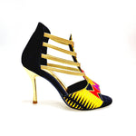 Load image into Gallery viewer, SAVANA SUNSET (460PW) - Sandalo da Donna in Camoscio Nero Elastici Oro con Tessuto Base Nera e colori Arcobaleno con inserti disegnati in Glitter Oro e tacco a spillo laminato Oro
