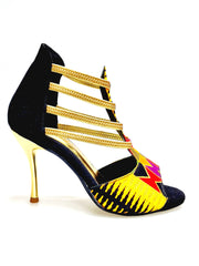 Carica immagine nella Galleria, SAVANA SUNSET (460PW) - Sandalo da Donna in Camoscio Nero Elastici Oro con Tessuto Base Nera e colori Arcobaleno con inserti disegnati in Glitter Oro e tacco a spillo laminato Oro
