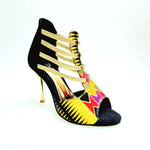 Load image into Gallery viewer, SAVANA SUNSET (460PW) - Sandalo da Donna in Camoscio Nero Elastici Oro con Tessuto Base Nera e colori Arcobaleno con inserti disegnati in Glitter Oro e tacco a spillo laminato Oro
