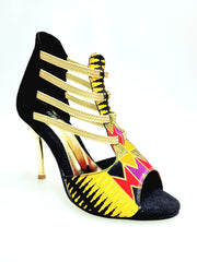 Carica immagine nella Galleria, SAVANA SUNSET (460PW) - Sandalo da Donna in Camoscio Nero Elastici Oro con Tessuto Base Nera e colori Arcobaleno con inserti disegnati in Glitter Oro e tacco a spillo laminato Oro
