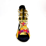 Load image into Gallery viewer, SAVANA SUNSET (460PW) - Sandalo da Donna in Camoscio Nero Elastici Oro con Tessuto Base Nera e colori Arcobaleno con inserti disegnati in Glitter Oro e tacco a spillo laminato Oro
