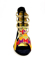 Carica immagine nella Galleria, SAVANA SUNSET (460PW) - Sandalo da Donna in Camoscio Nero Elastici Oro con Tessuto Base Nera e colori Arcobaleno con inserti disegnati in Glitter Oro e tacco a spillo laminato Oro
