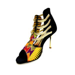 Load image into Gallery viewer, SAVANA SUNSET (460PW) - Sandalo da Donna in Camoscio Nero Elastici Oro con Tessuto Base Nera e colori Arcobaleno con inserti disegnati in Glitter Oro e tacco a spillo laminato Oro
